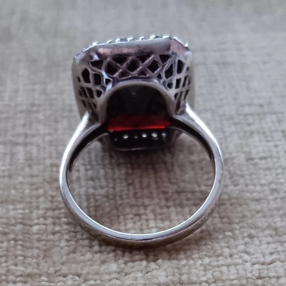 Rectangular Multi Faceted Deep Red Glass Silver Ring
